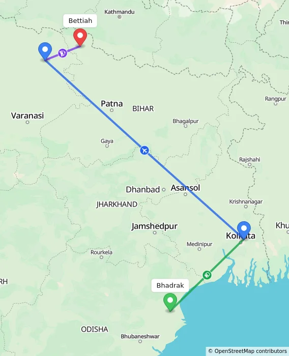 Route map showing distance and travel time from Bhadrak, India to Bettiah, India