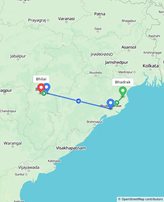Route map showing distance and travel time from Bhadrak, India to Bhilai, India
