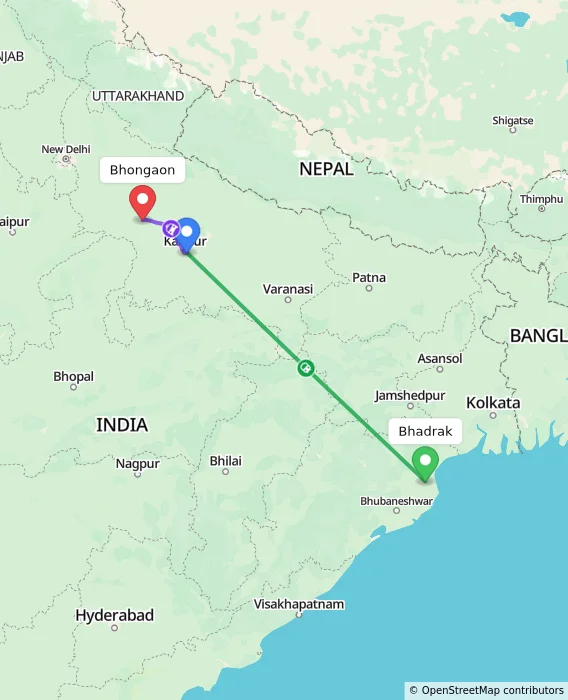 Route map showing distance and travel time from Bhadrak, India to Bhongaon, India