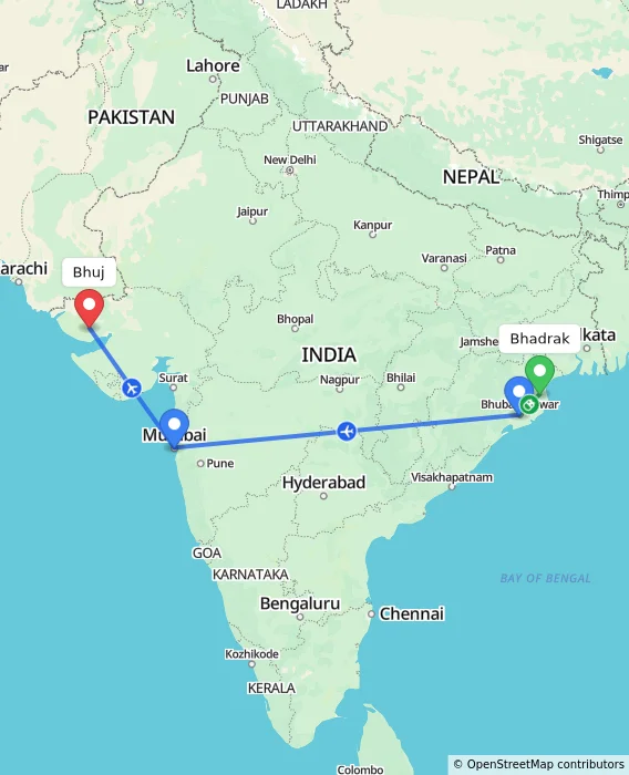 Route map showing distance and travel time from Bhadrak, India to Bhuj, India