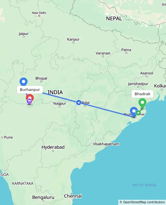 Route map showing distance and travel time from Bhadrak, India to Burhanpur, India