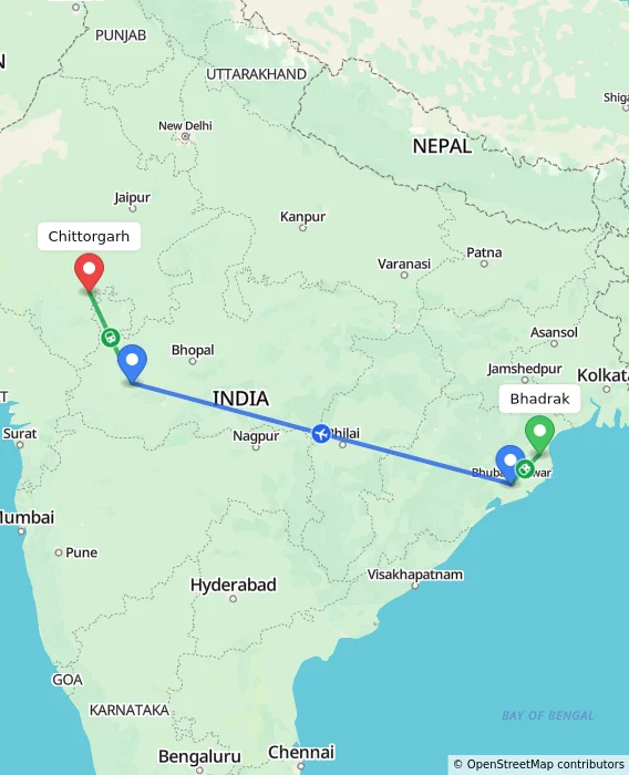 Route map showing distance and travel time from Bhadrak, India to Chittorgarh, India