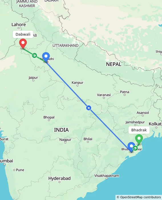Route map showing distance and travel time from Bhadrak, India to Dabwali, India