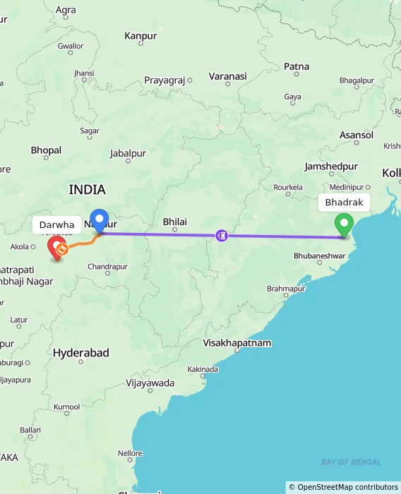 Route map showing distance and travel time from Bhadrak, India to Darwha, India
