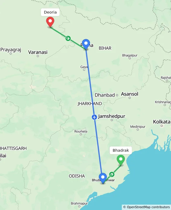 Route map showing distance and travel time from Bhadrak, India to Deoria, India