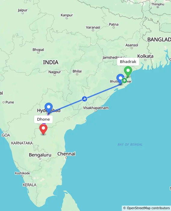 Route map showing distance and travel time from Bhadrak, India to Dhone, India