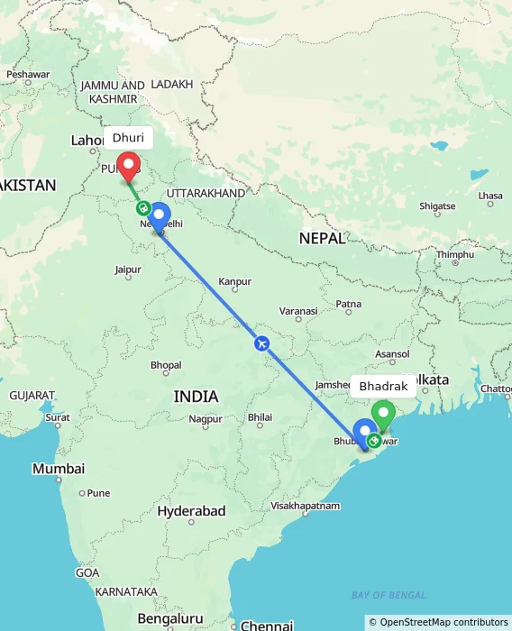 Route map showing distance and travel time from Bhadrak, India to Dhuri, India