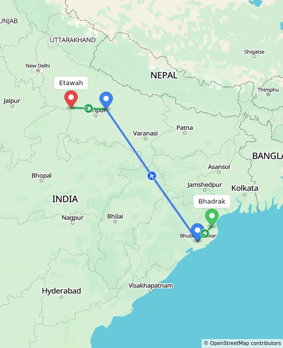 Route map showing distance and travel time from Bhadrak, India to Etawah, India