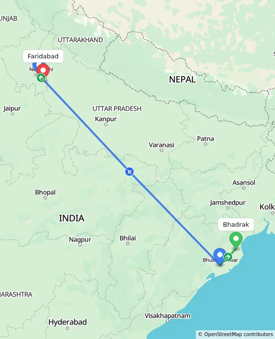 Route map showing distance and travel time from Bhadrak, India to Faridabad, India