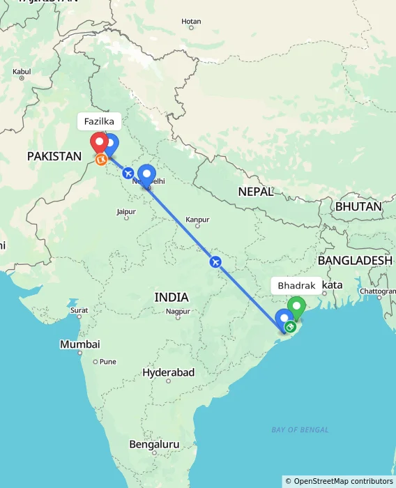 Route map showing distance and travel time from Bhadrak, India to Fazilka, India