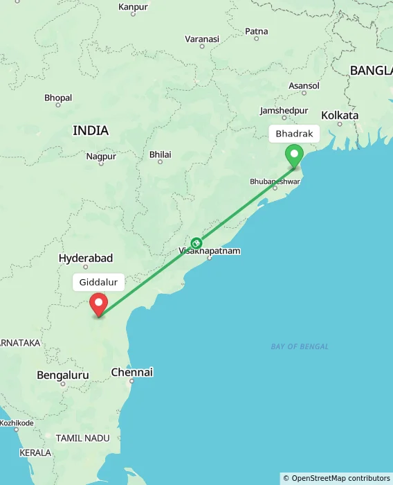 Route map showing distance and travel time from Bhadrak, India to Giddalur, India