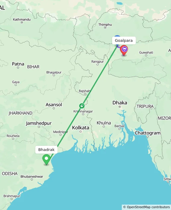 Route map showing distance and travel time from Bhadrak, India to Goalpara, India