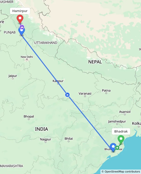 Route map showing distance and travel time from Bhadrak, India to Hamirpur, India