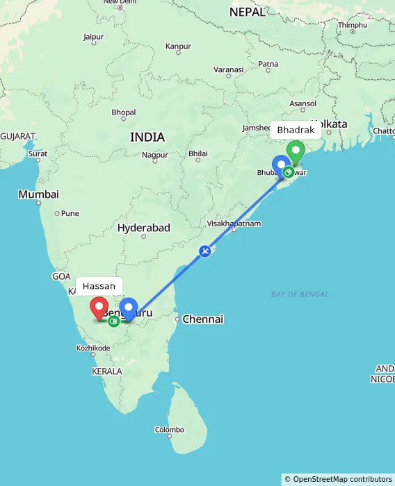 Route map showing distance and travel time from Bhadrak, India to Hassan, India
