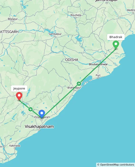 Route map showing distance and travel time from Bhadrak, India to Jeypore, India