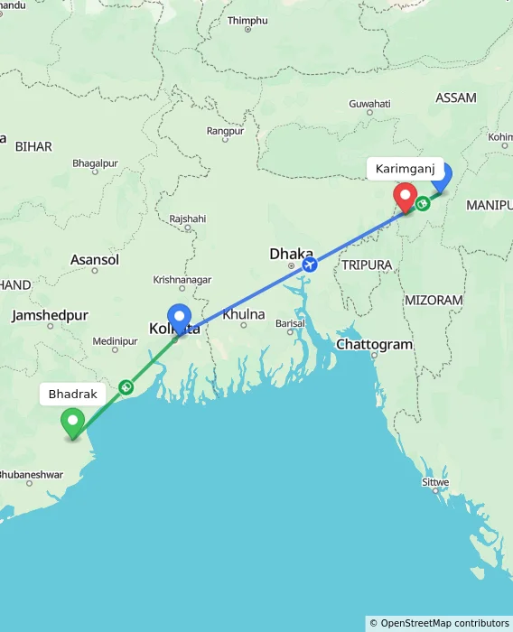Route map showing distance and travel time from Bhadrak, India to Karimganj, India