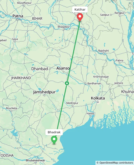 Route map showing distance and travel time from Bhadrak, India to Katihar, India
