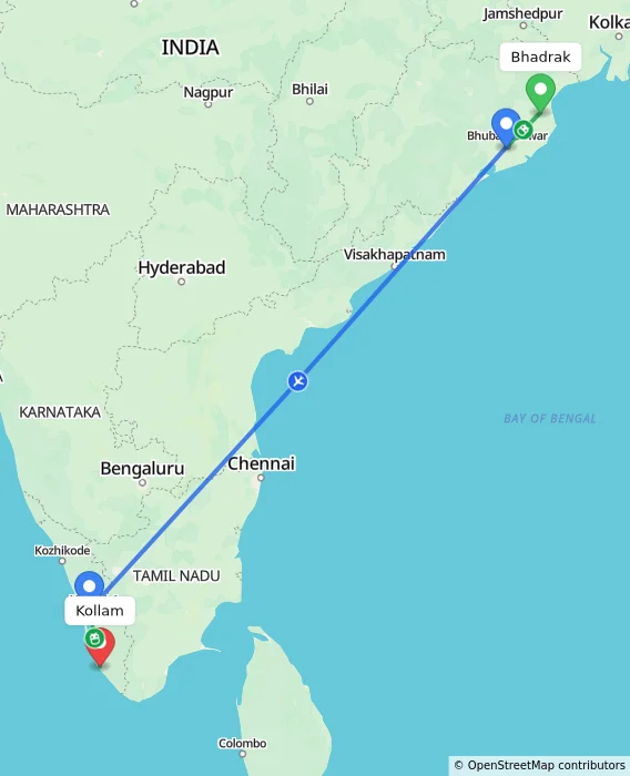 Route map showing distance and travel time from Bhadrak, India to Kollam, India