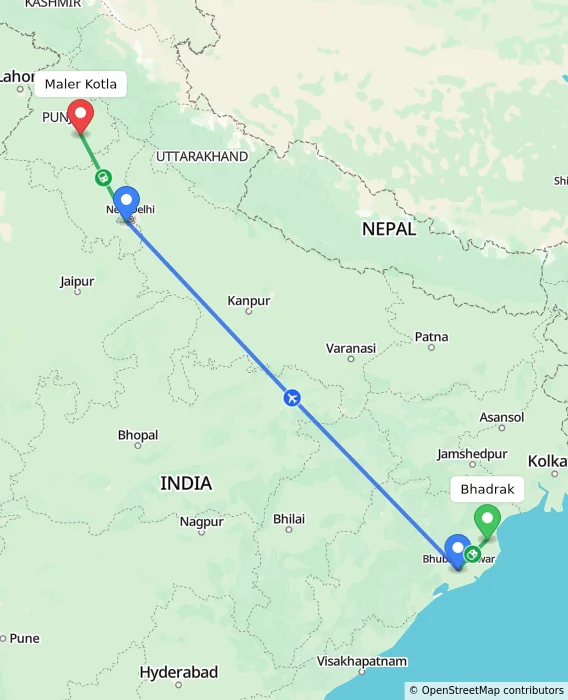 Route map showing distance and travel time from Bhadrak, India to Maler Kotla, India