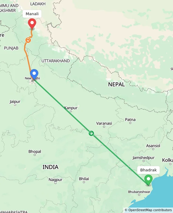 Route map showing distance and travel time from Bhadrak, India to Manali, India