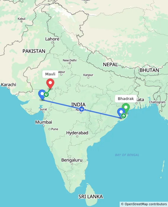 Route map showing distance and travel time from Bhadrak, India to Mavli, India