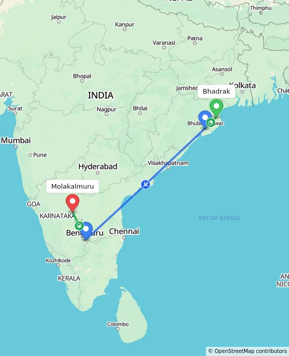 Route map showing distance and travel time from Bhadrak, India to Molakalmuru, India
