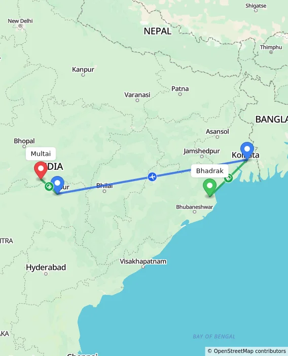 Route map showing distance and travel time from Bhadrak, India to Multai, India