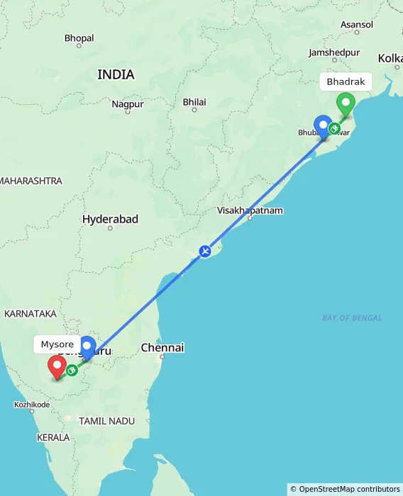 Route map showing distance and travel time from Bhadrak, India to Mysore, India