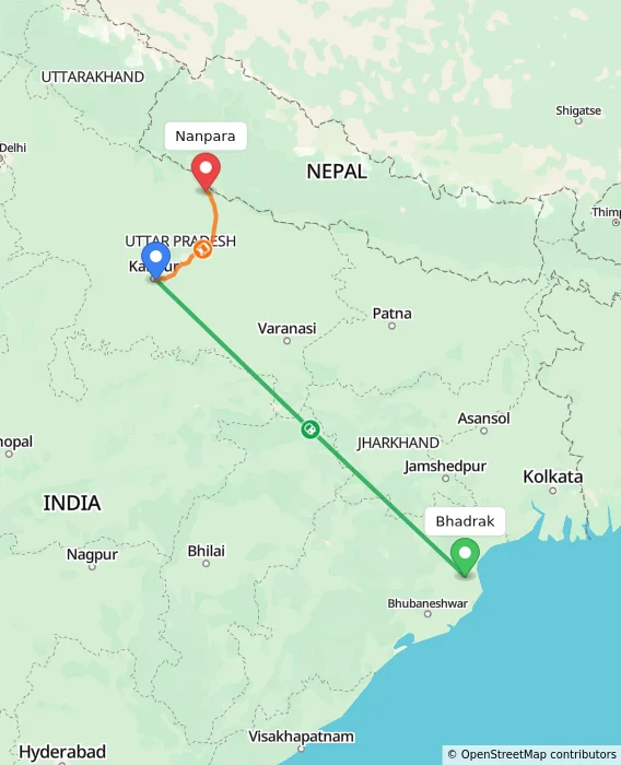 Route map showing distance and travel time from Bhadrak, India to Nanpara, India