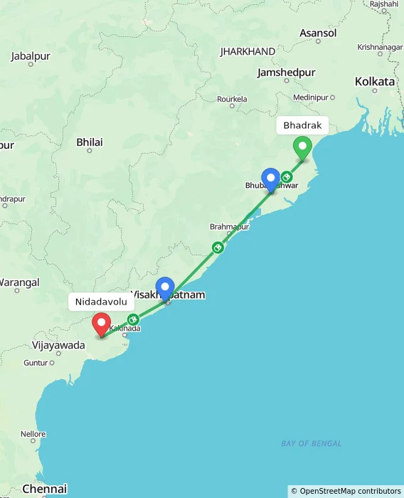 Route map showing distance and travel time from Bhadrak, India to Nidadavolu, India