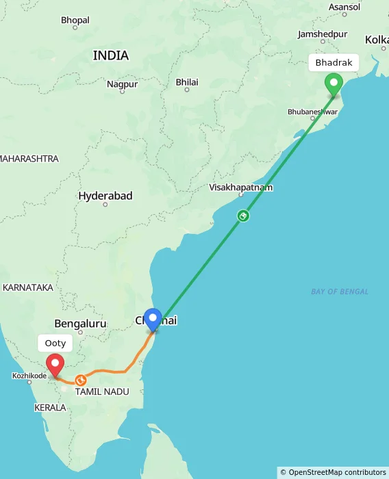Route map showing distance and travel time from Bhadrak, India to Ooty, India