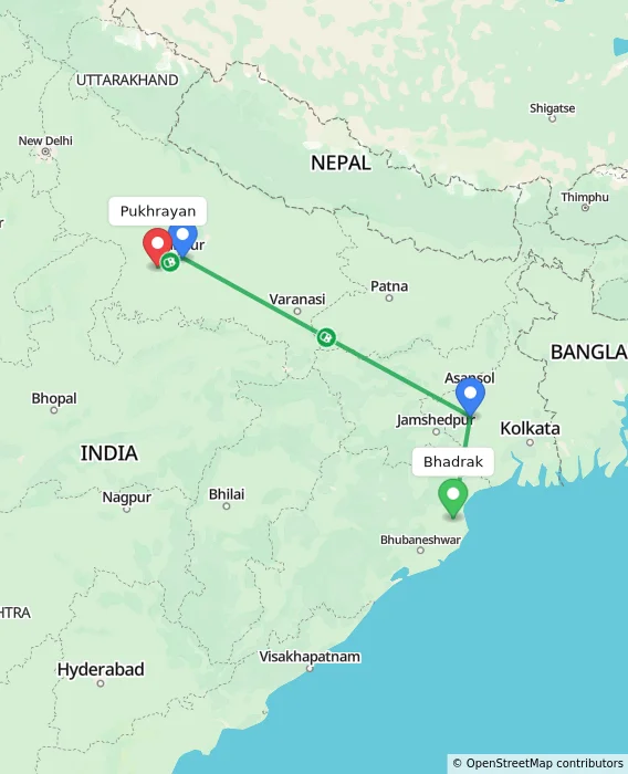 Route map showing distance and travel time from Bhadrak, India to Pukhrayan, India