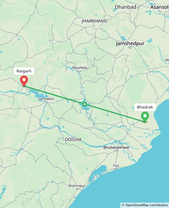 Route map showing distance and travel time from Bhadrak, India to Raigarh, India