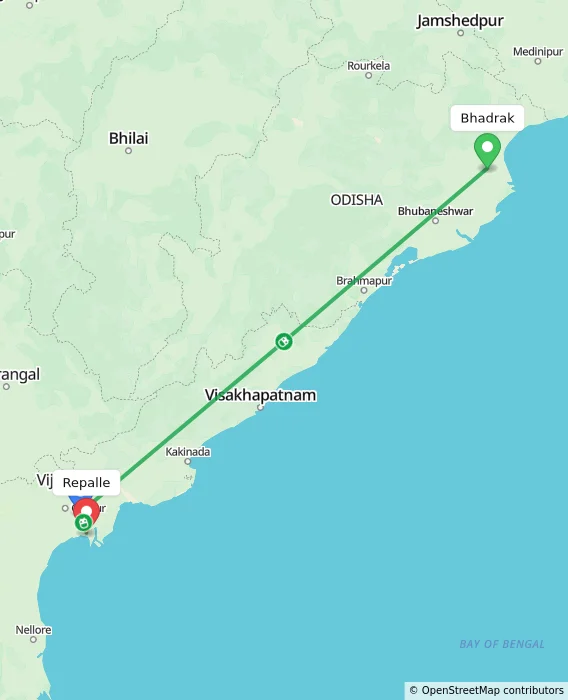 Route map showing distance and travel time from Bhadrak, India to Repalle, India
