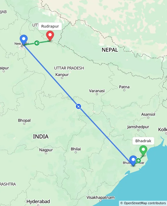 Route map showing distance and travel time from Bhadrak, India to Rudrapur, India