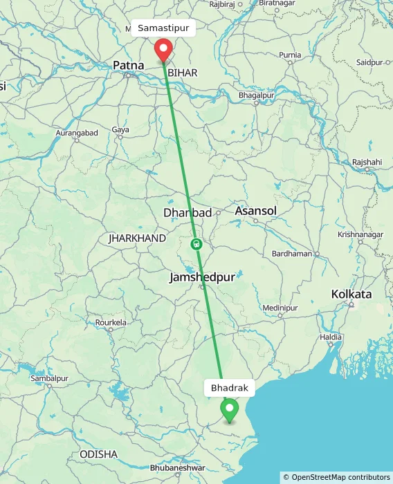Route map showing distance and travel time from Bhadrak, India to Samastipur, India