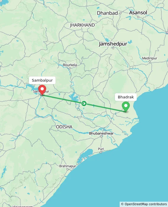 Route map showing distance and travel time from Bhadrak, India to Sambalpur, India