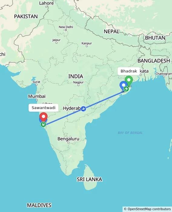 Route map showing distance and travel time from Bhadrak, India to Sawantwadi, India