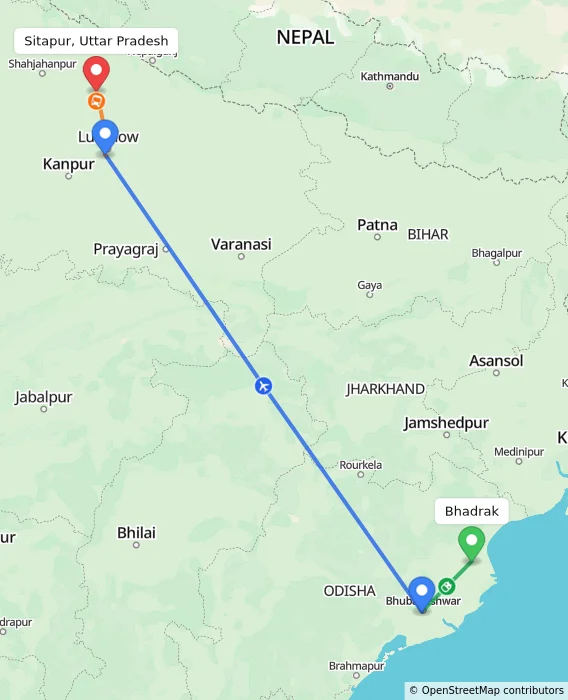 Route map showing distance and travel time from Bhadrak, India to Sitapur, Uttar Pradesh, India