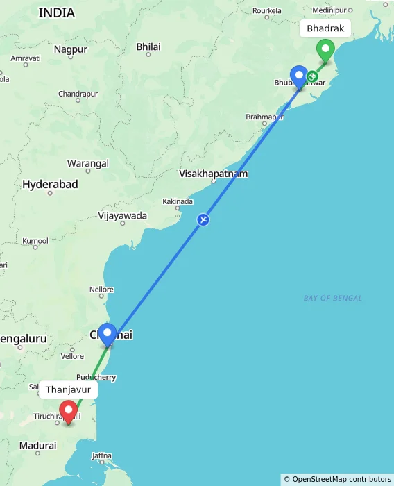 Route map showing distance and travel time from Bhadrak, India to Thanjavur, India