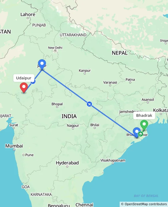 Route map showing distance and travel time from Bhadrak, India to Udaipur, India