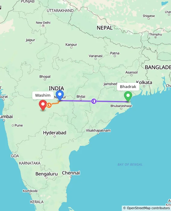 Route map showing distance and travel time from Bhadrak, India to Washim, India