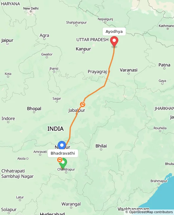 Route map showing distance and travel time from Bhadravathi, India to Ayodhya, India