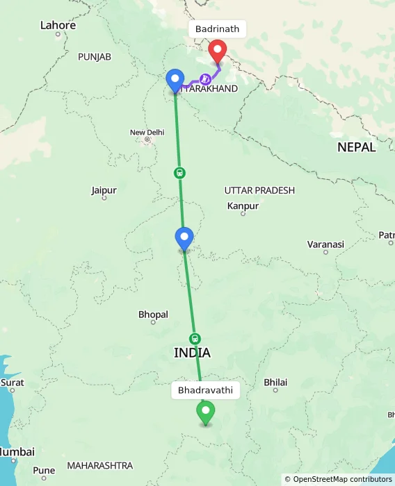 Route map showing distance and travel time from Bhadravathi, India to Badrinath, India