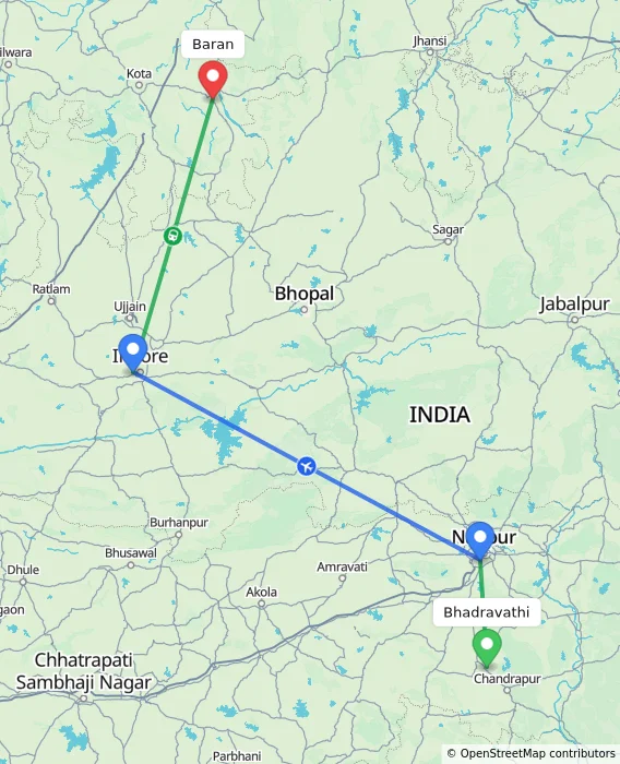 Route map showing distance and travel time from Bhadravathi, India to Baran, India
