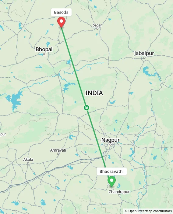 Route map showing distance and travel time from Bhadravathi, India to Basoda, India