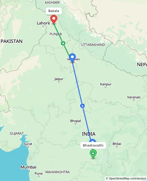 Route map showing distance and travel time from Bhadravathi, India to Batala, India