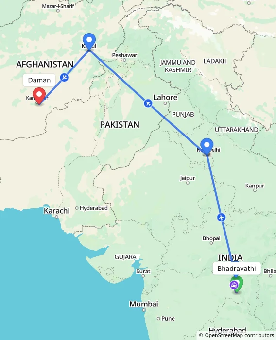 Route map showing distance and travel time from Bhadravathi, India to Daman, Afghanistan
