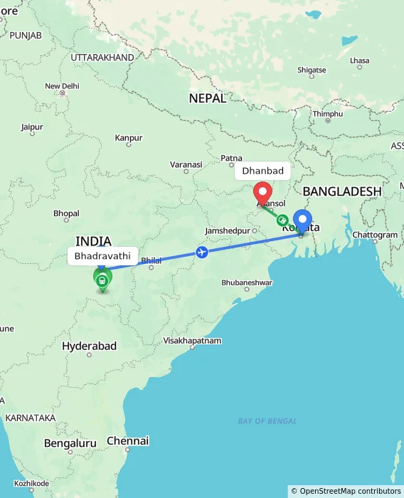 Route map showing distance and travel time from Bhadravathi, India to Dhanbad, India