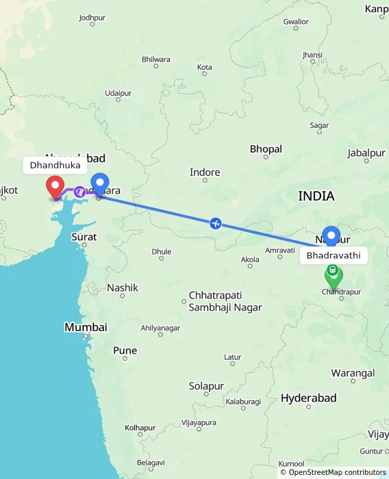 Route map showing distance and travel time from Bhadravathi, India to Dhandhuka, India